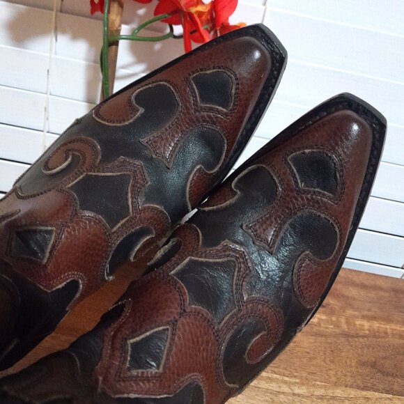 Women's Leather Tooled Snip Toe Brown Black J.B Dillon Cowboy Boots sz 7.5B - Picture 5 of 13